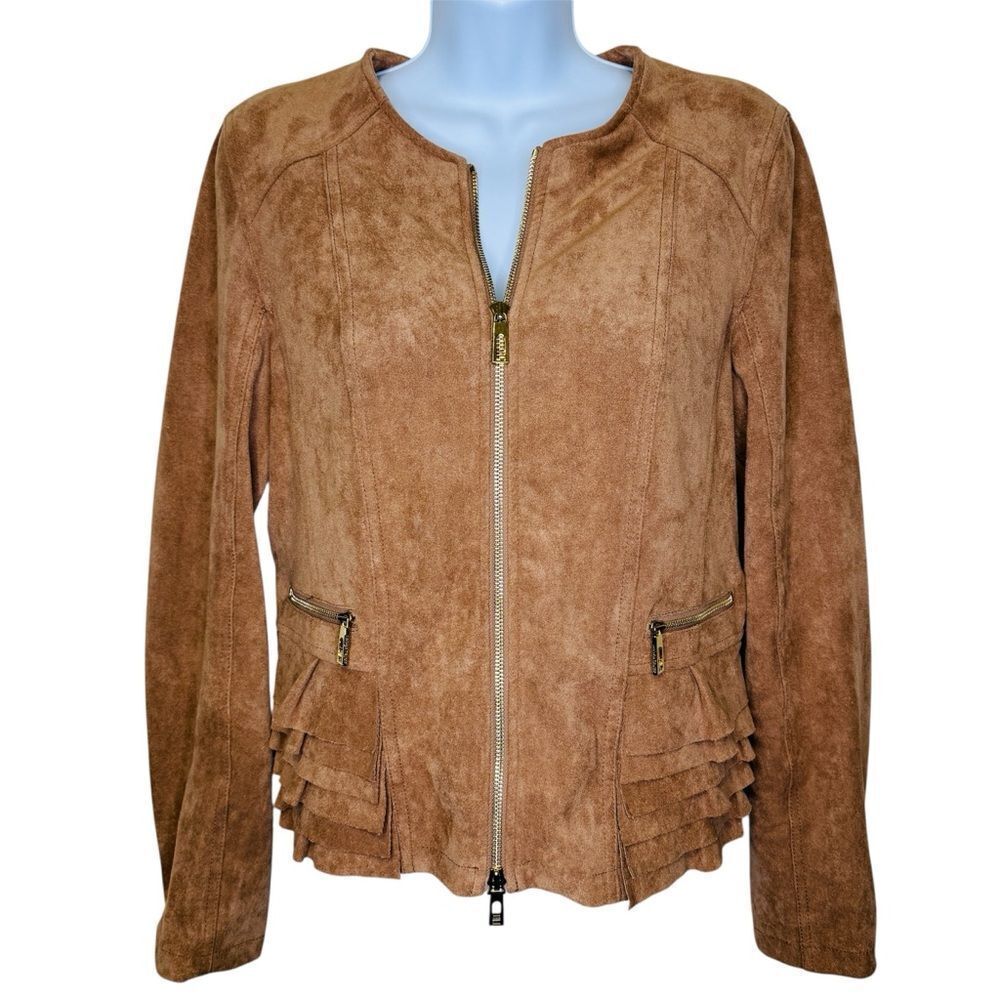Ivanka Trump Faux Suede Women's Jacket Tan With Gold Hardware Size P (Small)